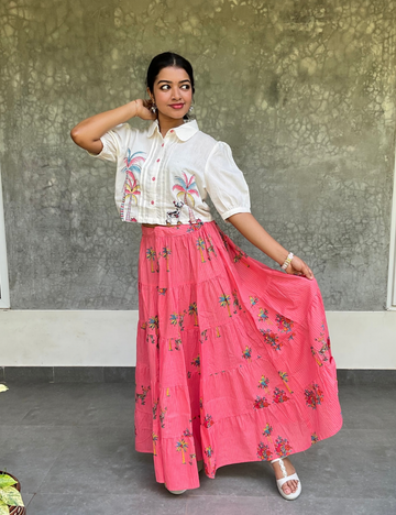 Floral Printed Mul Mul Cotton Skirt with Embroidered Crop Top - Off White