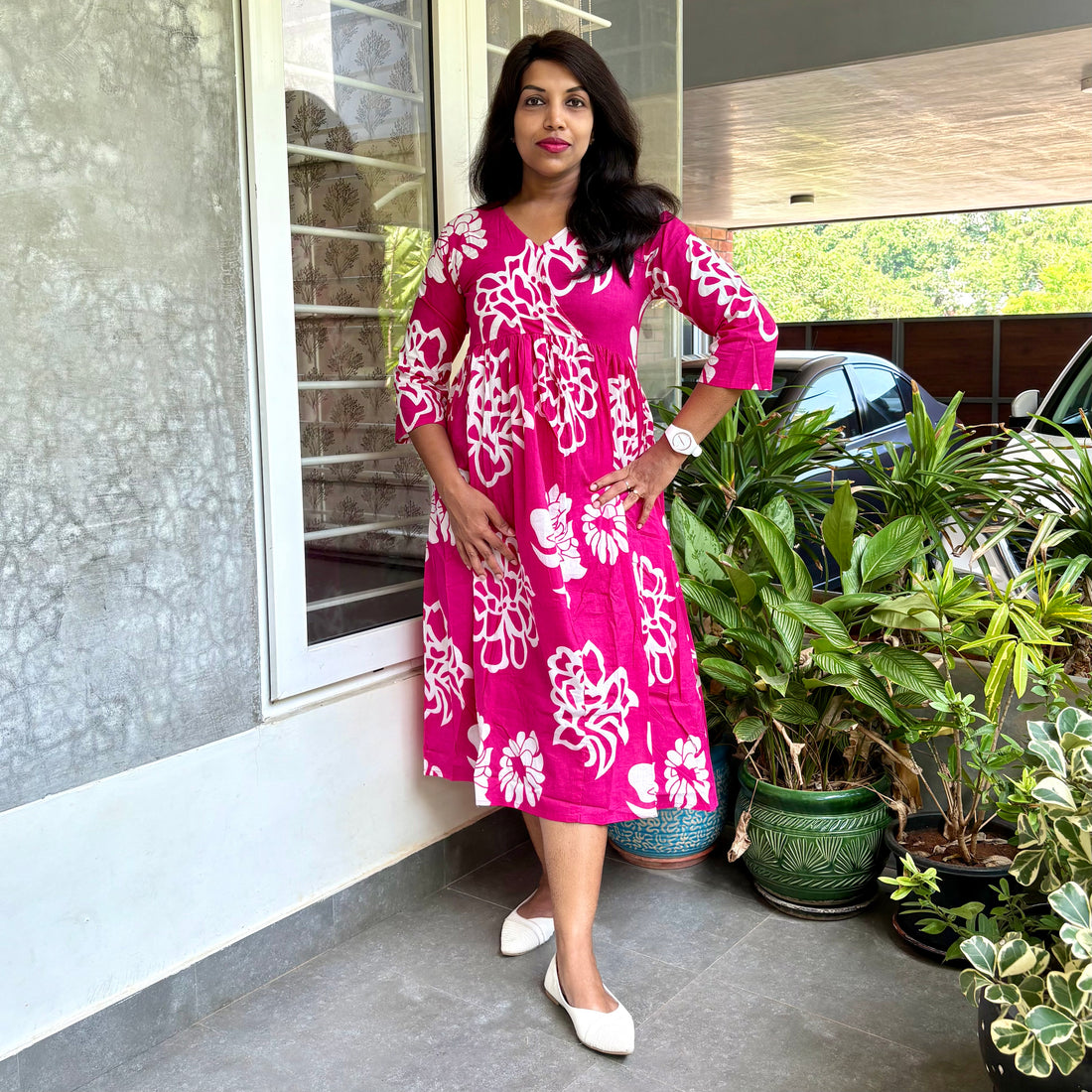 Floral Printed Aline Midi Style Dress - Rani Pink