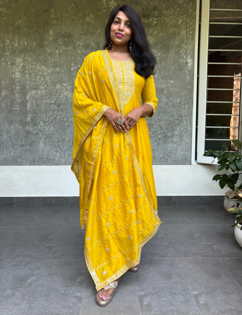 Dola Silk Embroidered Designer Aline Flaired Kurta Set - Yellow