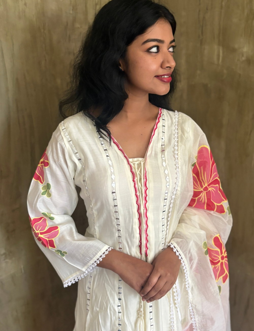 Muslin Silk Designer Mirror Work ALine Designer Kurta Set - White