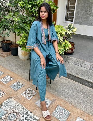 Kantha Work Cotton Designer Indo Western Shrug Style Kurta Set - Turquoise Blue