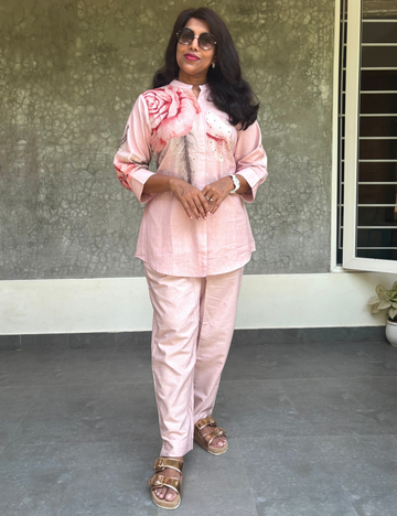 Linen Cotton Co-Ord Set with Pearl Work - Pastel Pink