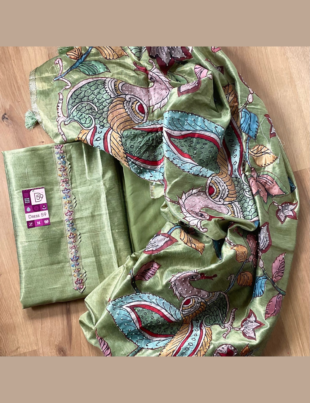 Tissue Silk Kalamkari Patch Work Designer Unstitched Salwar - Green