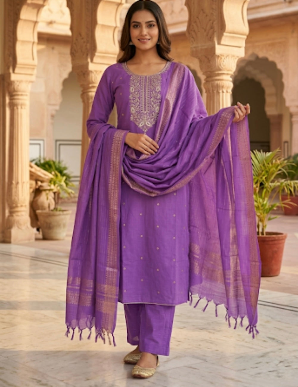 Cotton Traditional Ethnic Unstitched Salwar with Gold Zari Dupatta - Purple