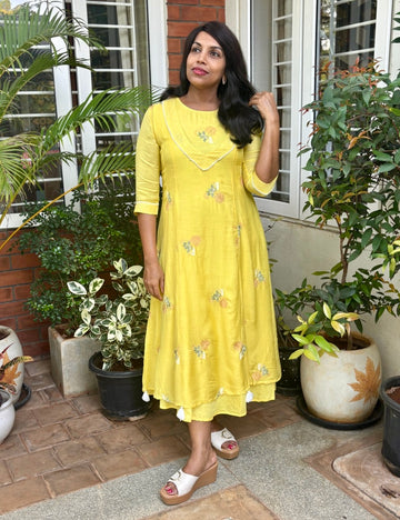 Mul Cotton Floral Embroidered A-Line Midi Dress - Yellow