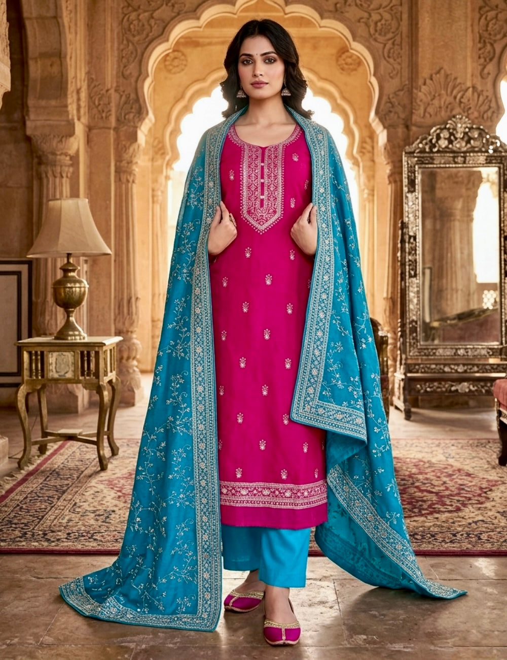 Dola Silk Ethnic Embroidered Designer Unstitched Salwar - Rani Pink