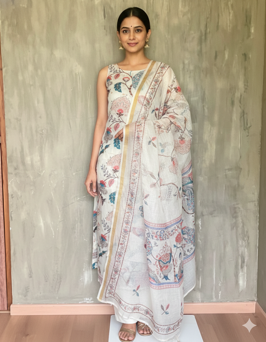 Kota Cotton Floral Printed Designer Unstitched Salwar - Off-White