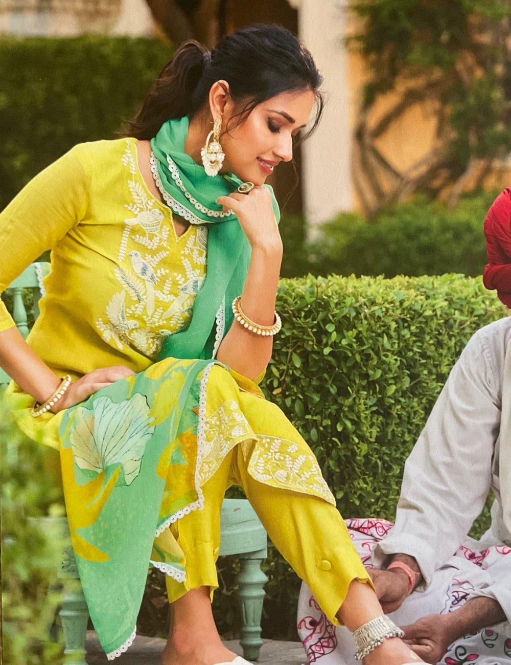 Muslin Silk Pearl Work Designer Unstitched Salwar with Organza Dupatta - Lemon Yellow