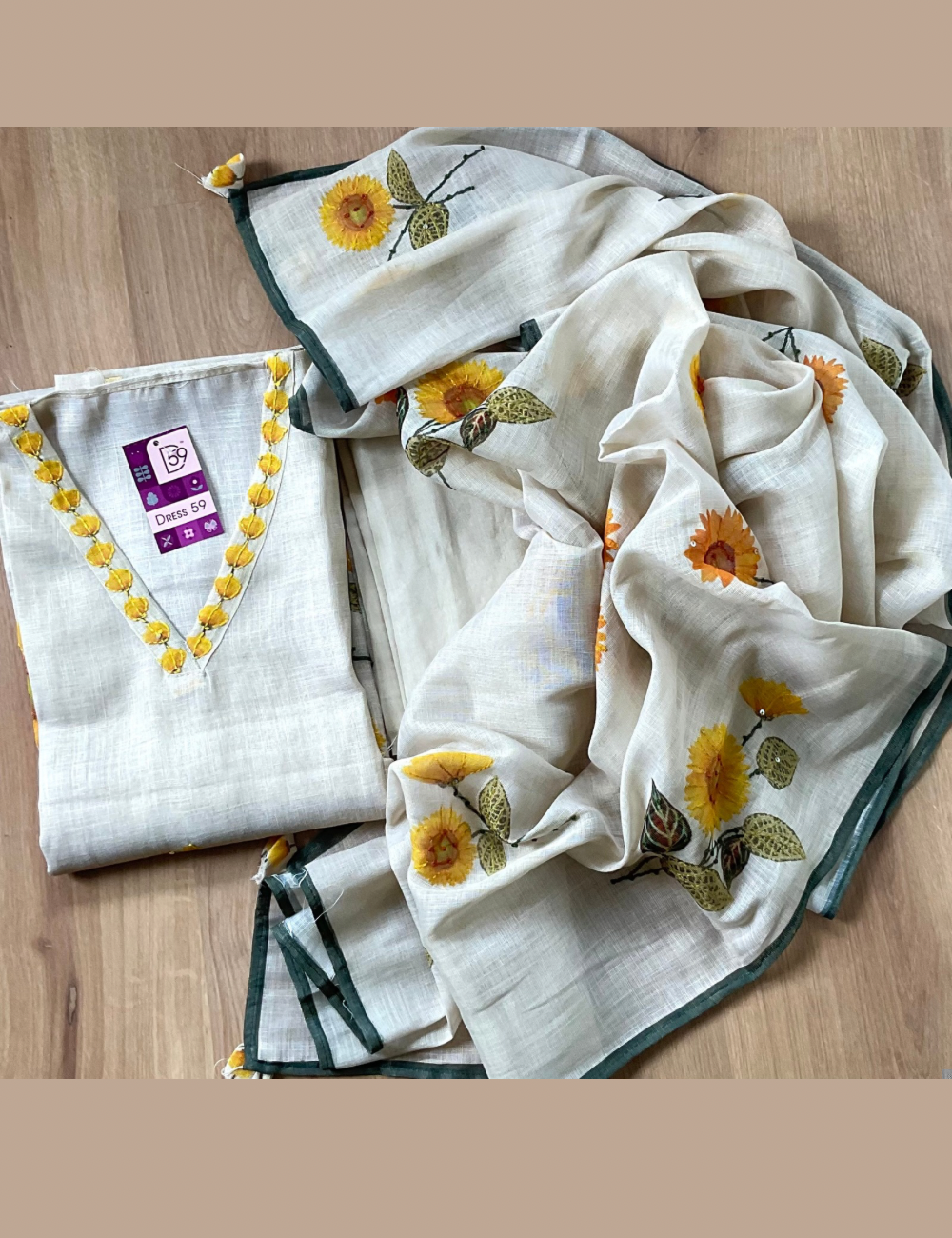 Linen Cotton French Knotted Designer Unstitched Salwar with Sunflower Prints - Beige