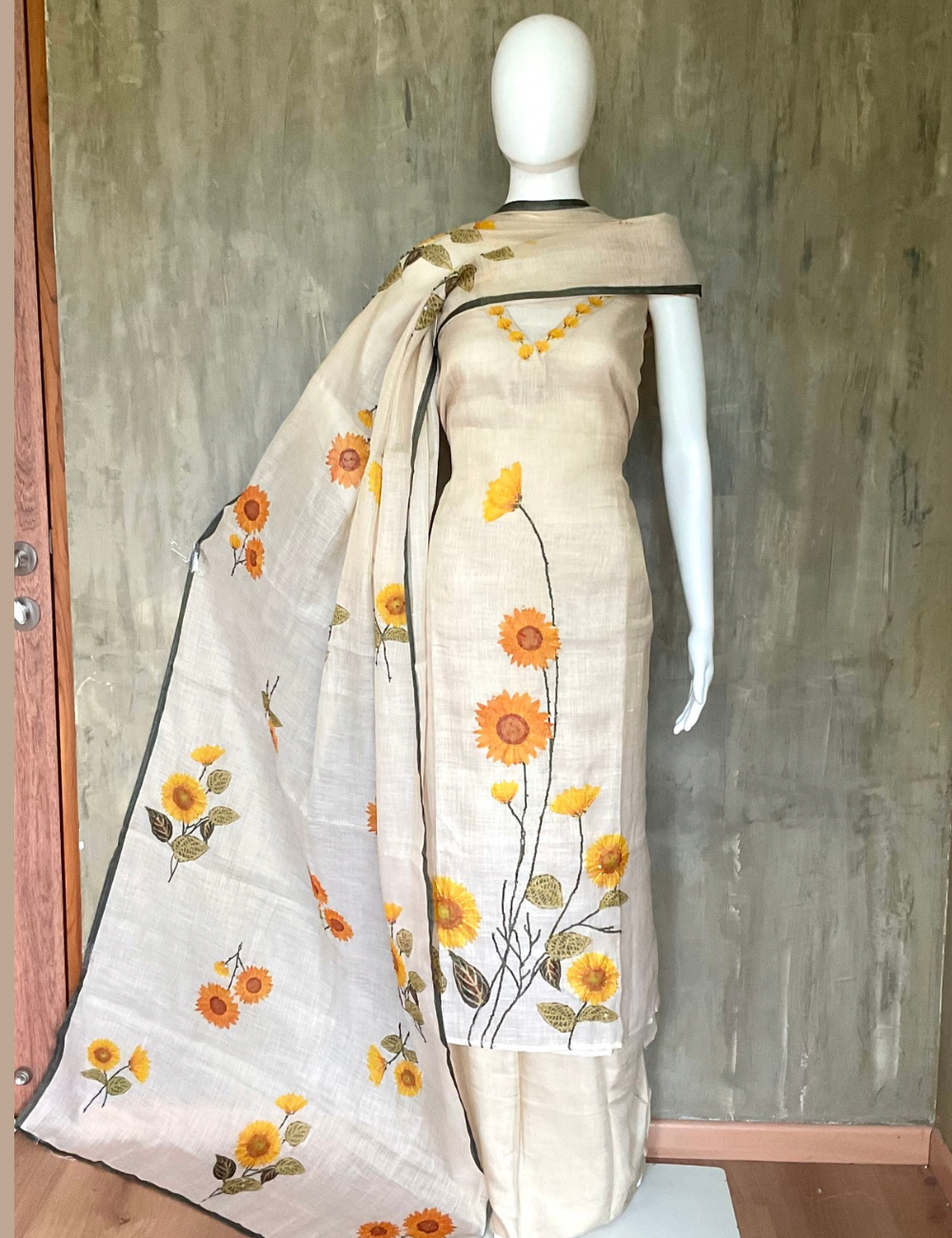 Linen Cotton French Knotted Designer Unstitched Salwar with Sunflower Prints - Beige