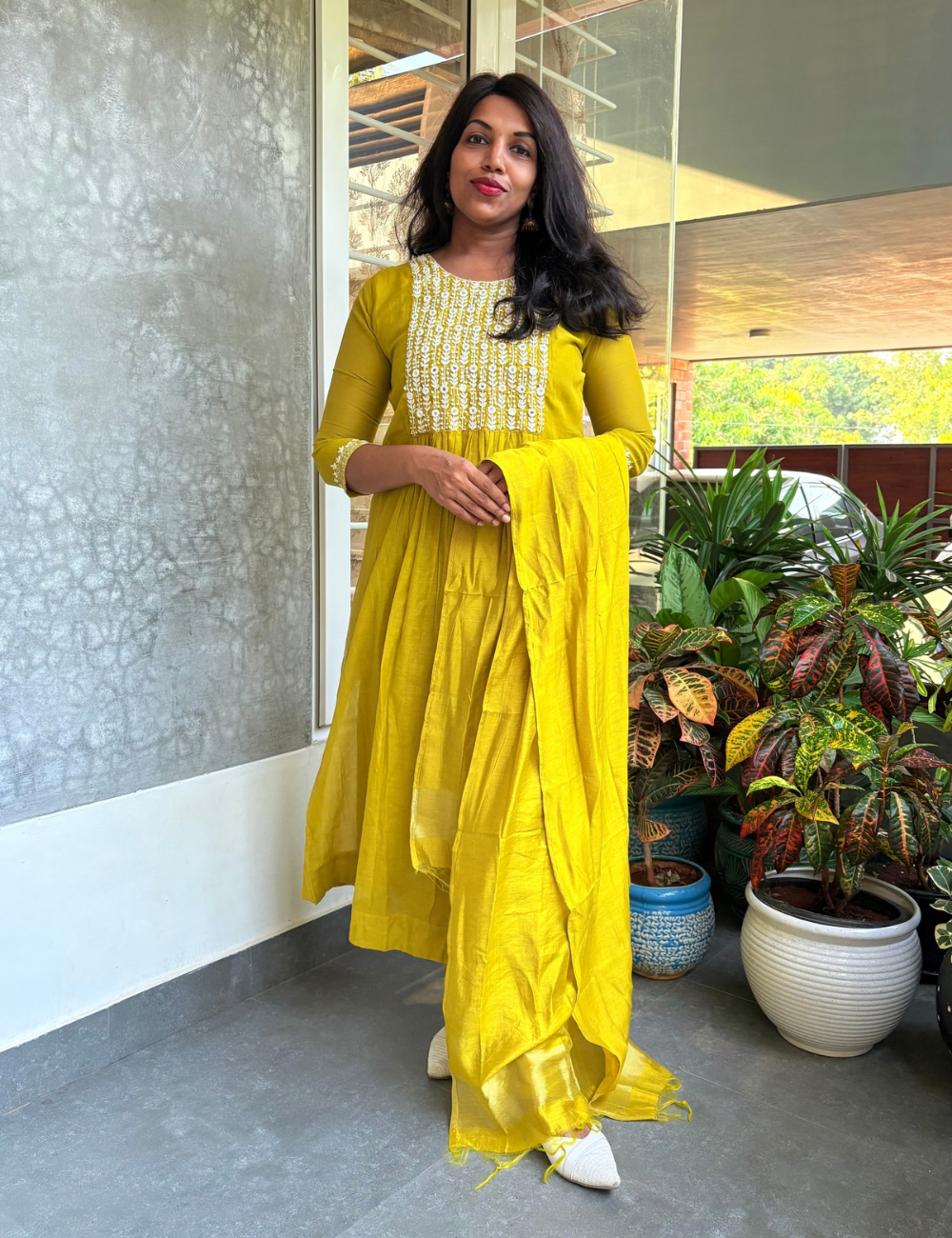 Chanderi silk designer kurta set with - Lime Green