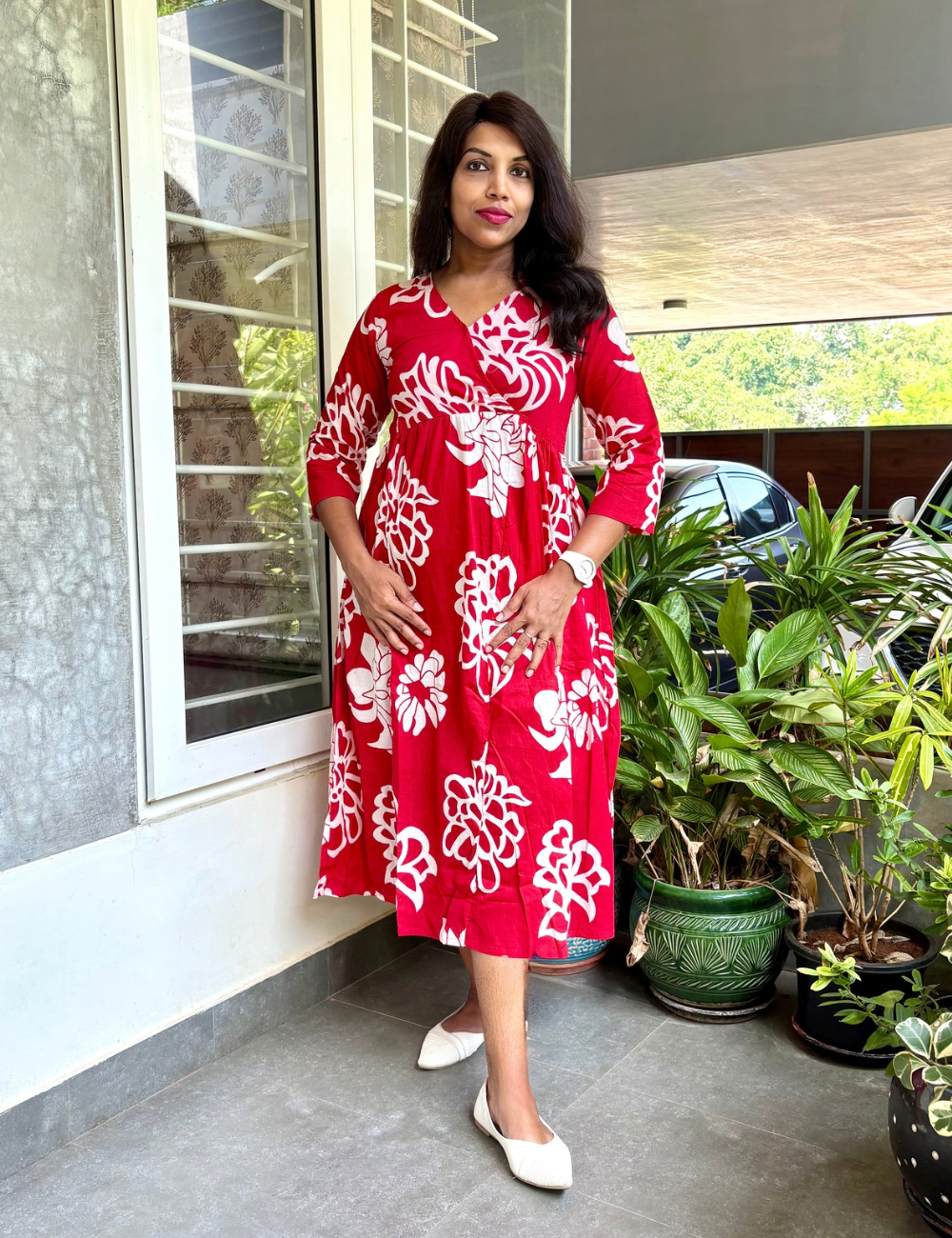 Floral Printed Aline Midi Style Dress - Red