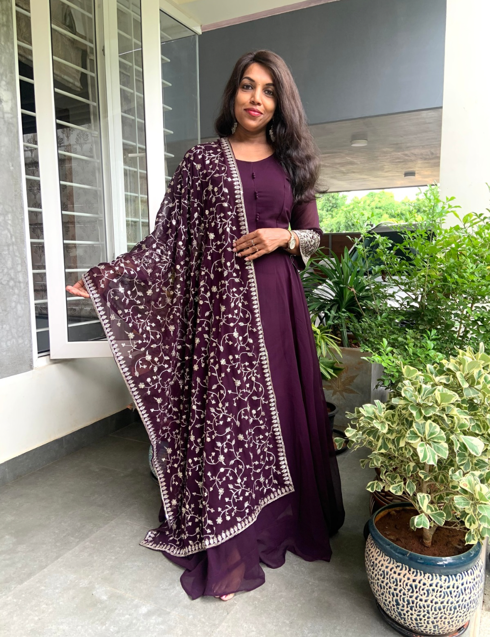 Semi Georgette Anarkali Designer Kurta Set - Wine Purple
