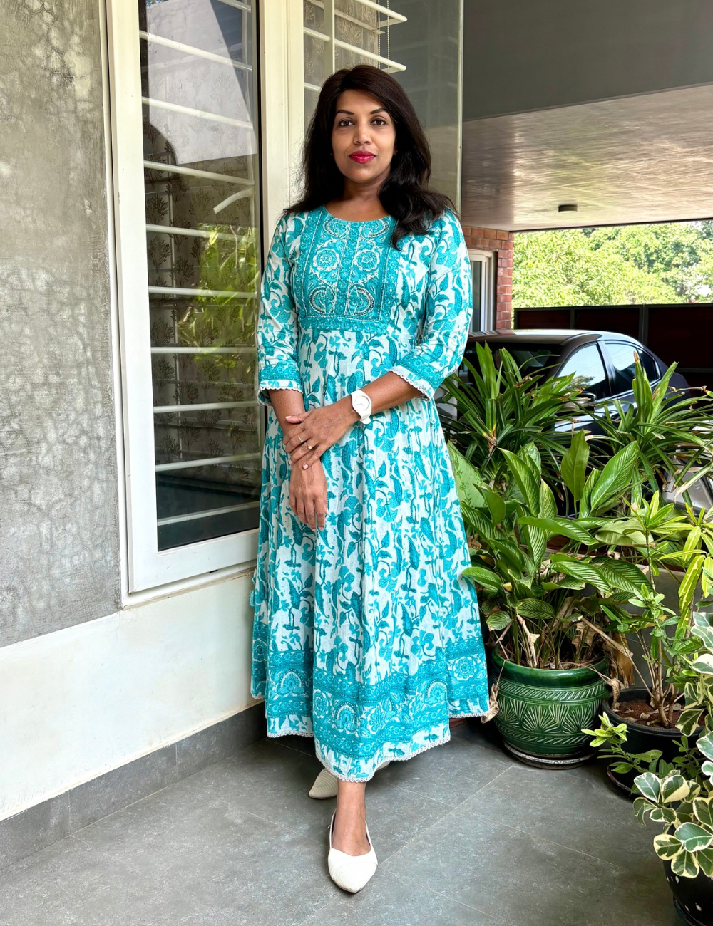 Floral Printed, Cotton, Full Flaired Designer Maxi - Light Blue