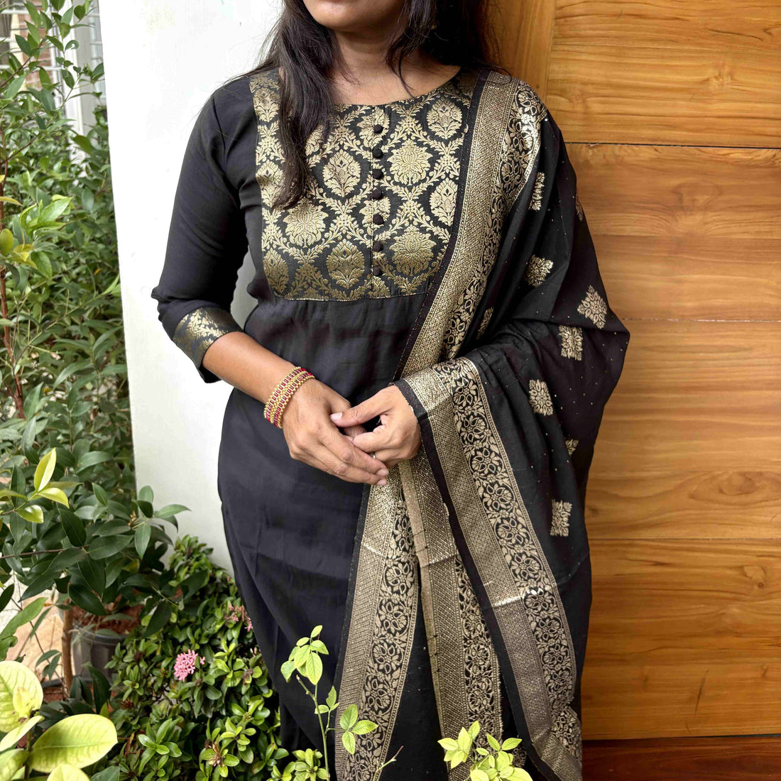 Cotton Silk Banaras Traditional Salwar Suit - Black
