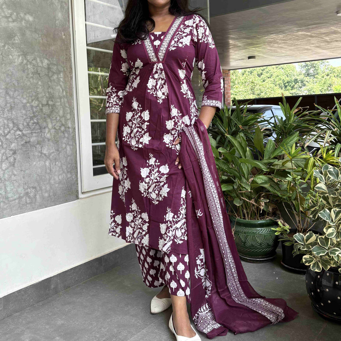 Floral Printed Cotton Aline Kurta Set - Dark Purple
