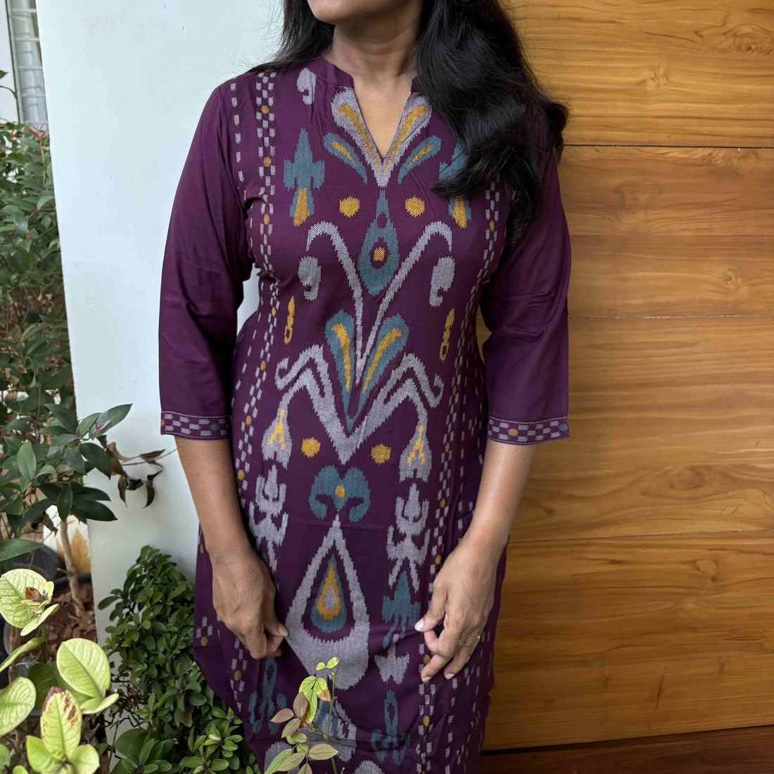 Ikat Printed Cotton Straight Cut Kurta- Wine Purple