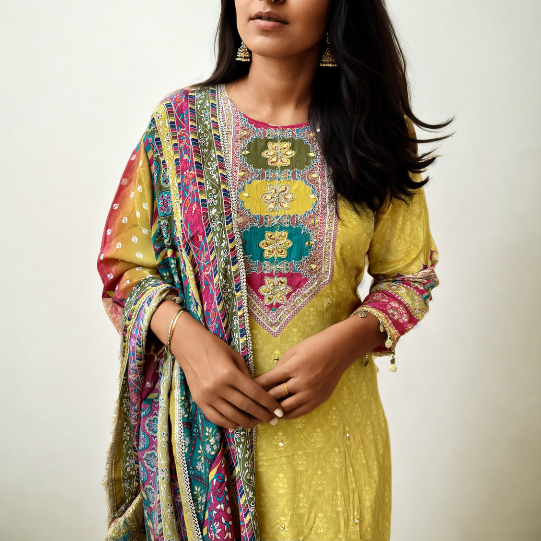 Ethnic printed Muslin silk Kurta set - Mustard