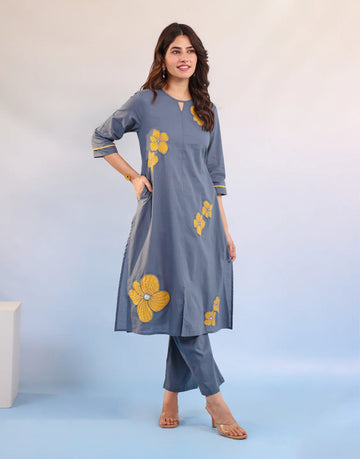 Floral Embroidered Cotton Kurta Set - Powder Blue