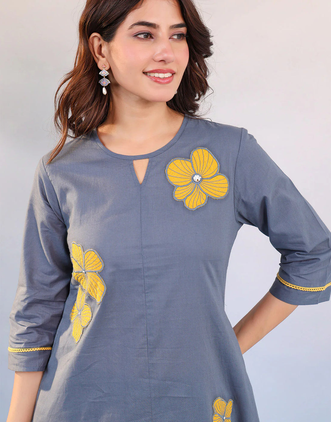 Floral Embroidered Cotton Kurta Set - Powder Blue