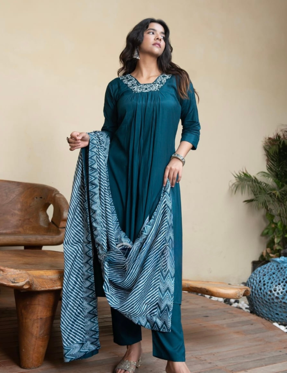 Soft Muslin Silk Pleated Aline Kurta Set  - Teal Blue