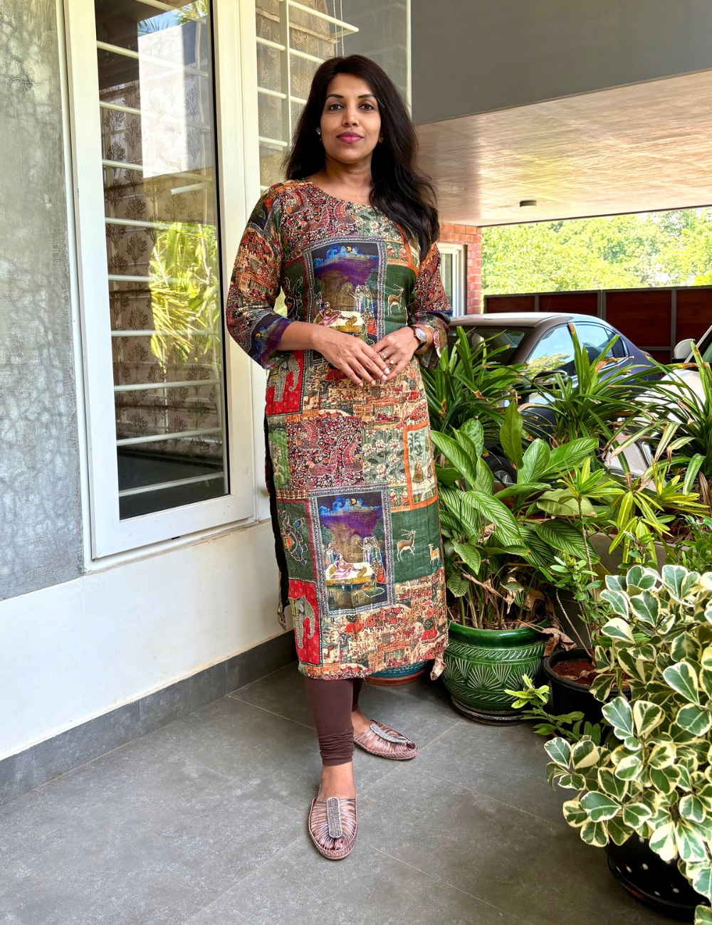 Soft Silk Blend Pitchwai Printed Straight Cut Kurta with Kantha Work - Multi