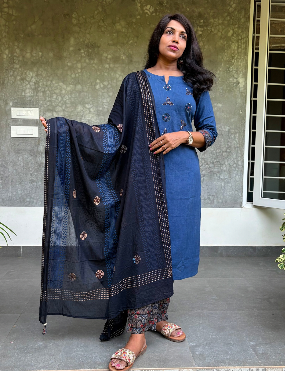 Kalamkari patch worked  soft cotton kurta set - blue