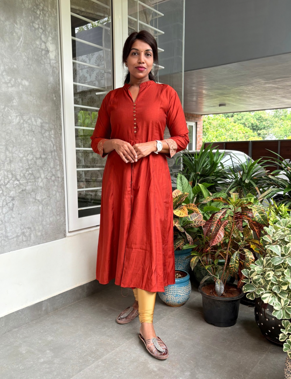 Soft silk blend Aline banaras kurta - rust orange
