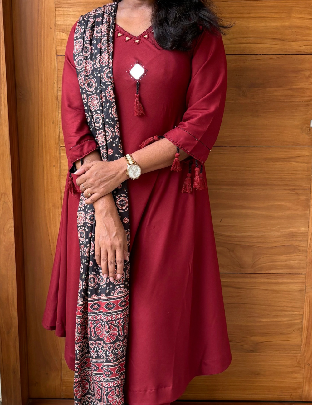 soft rayon cotton mirror work Aline kurta set - Maroon