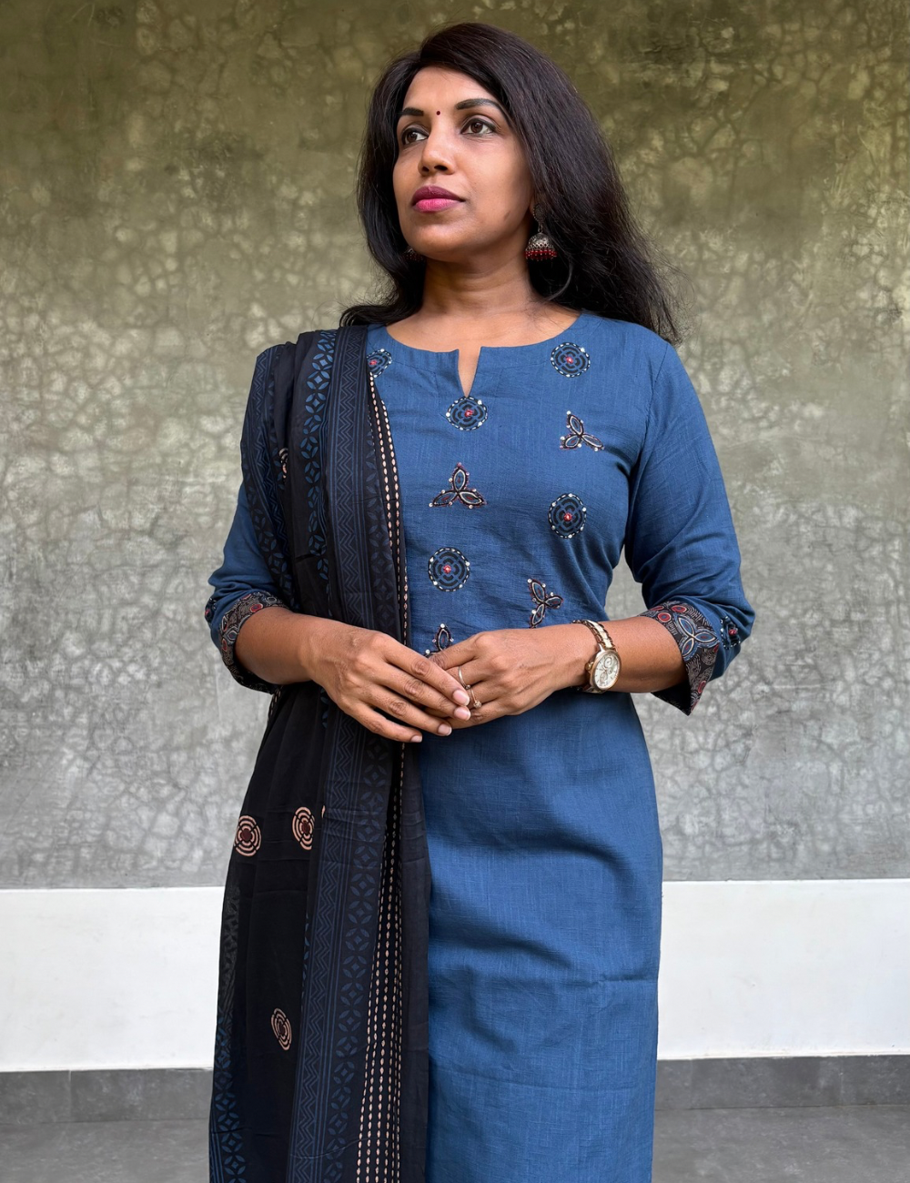 Kalamkari patch worked  soft cotton kurta set - blue