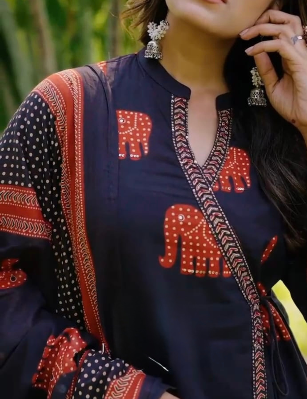 Soft cotton angrakha pattern kurta set with elephant motifs - Black