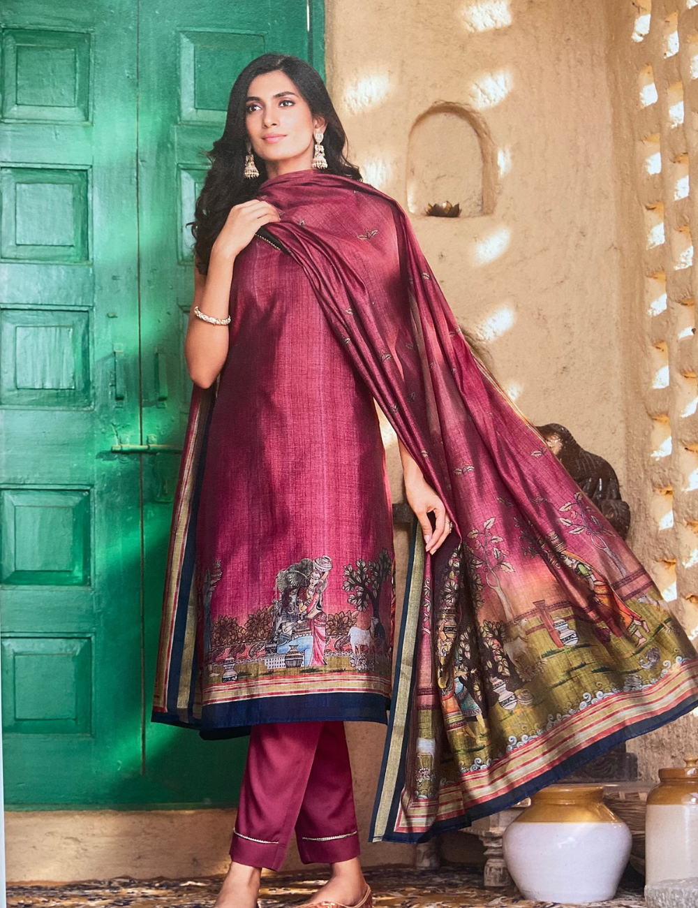 Soft Silk Ethnic Printed Unstitched Designer Salwar - Dark PInk