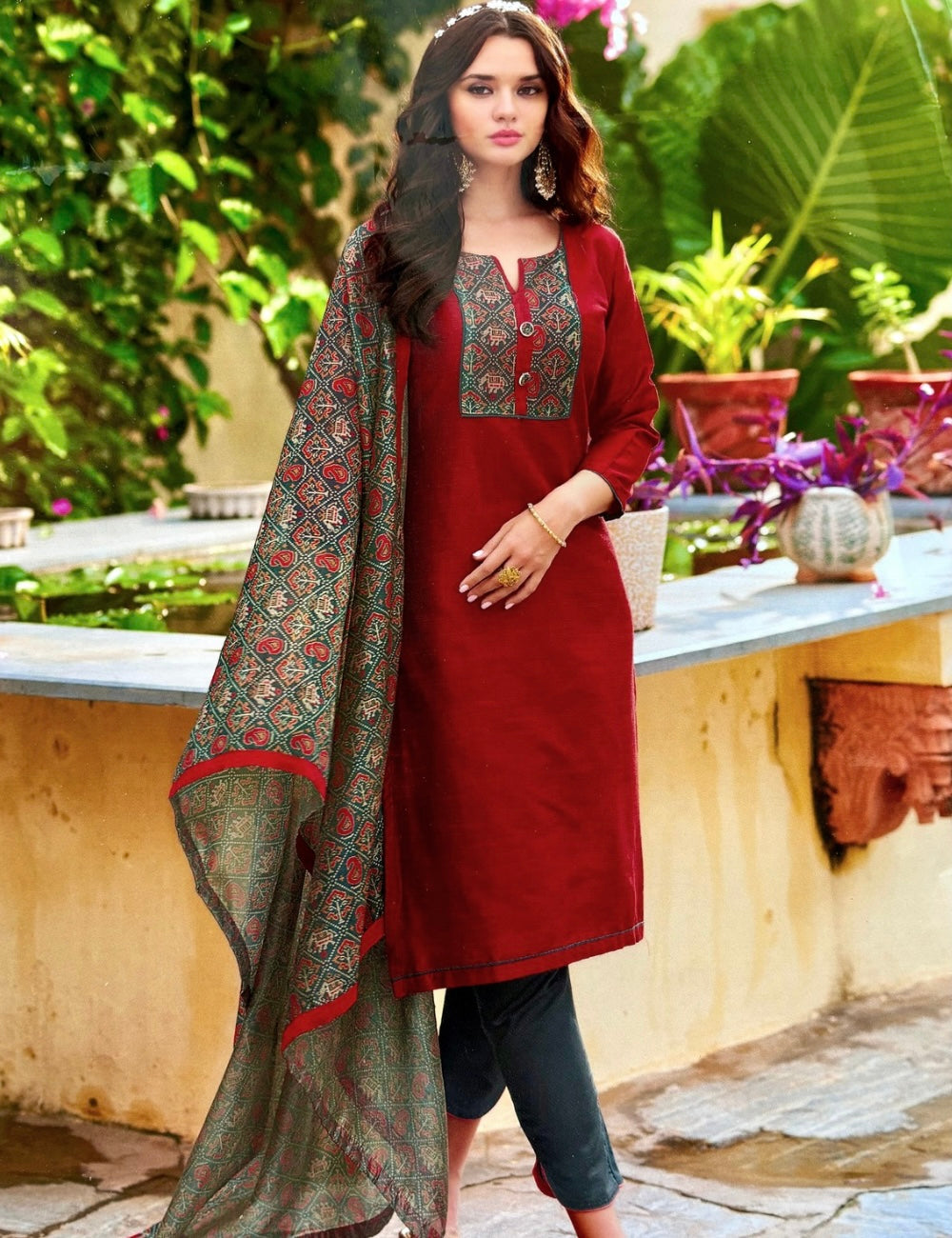 Soft Cotton Silk Ethnic Printed Unstitched Designer Salwar - Maroon Red