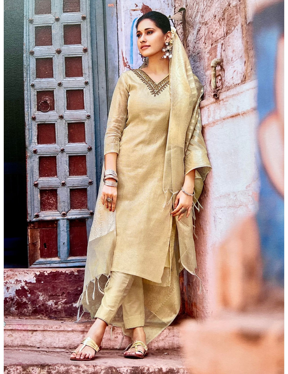 Tissue Gold Ethnic Designer Unstitched Salwar - Gold