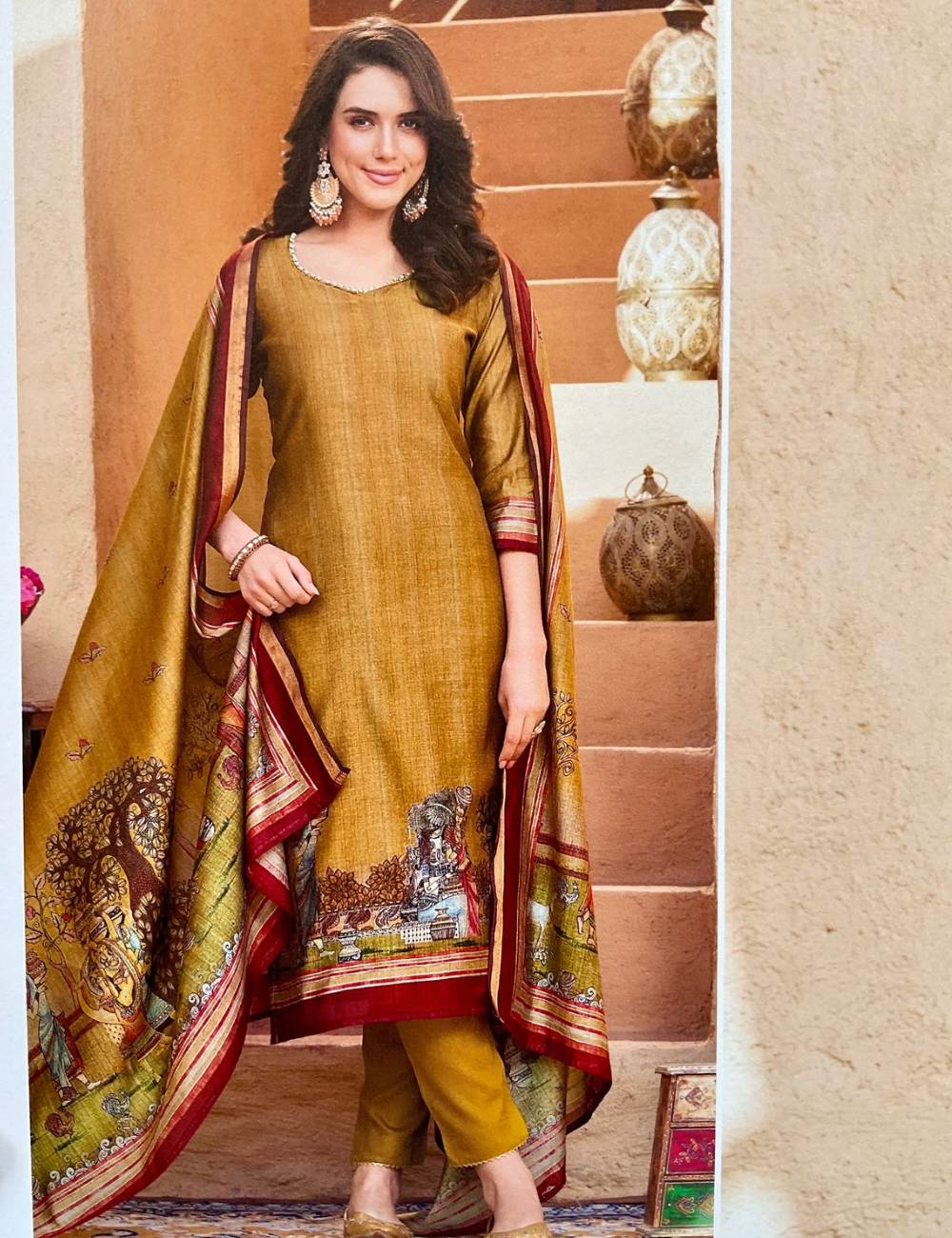 Soft Silk Ethnic Printed Unstitched Designer Salwar - Mustard