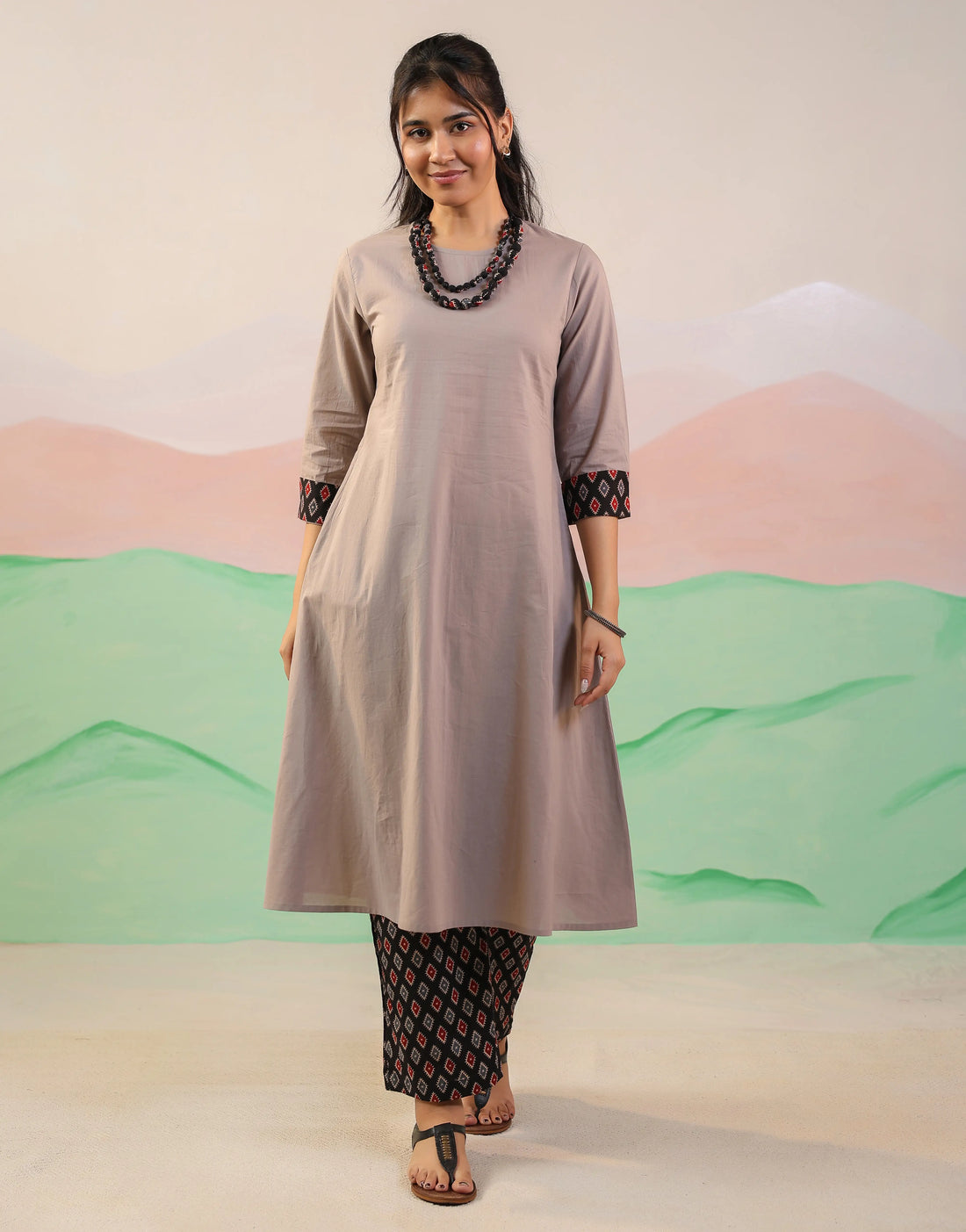Ethnic Printed Cotton Kurta Set with NeckPiece - Grey
